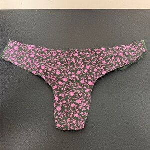 Women's Green Thong Panty with Pink Floral Print